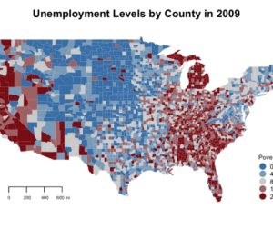 Visualization of U.S. unemployment levels by county in 2009. Example of the types of data analytics and visualization skills learned in PAI 730.
