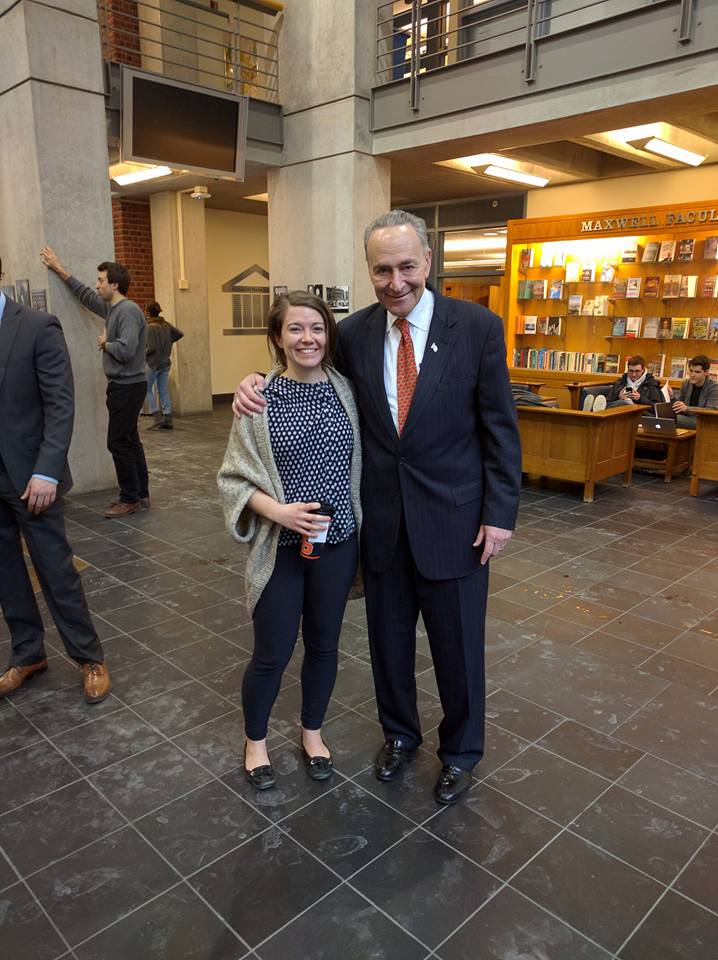 Dual MPA/MAIR student Melissa Horste connecting with Sen. Schumer.